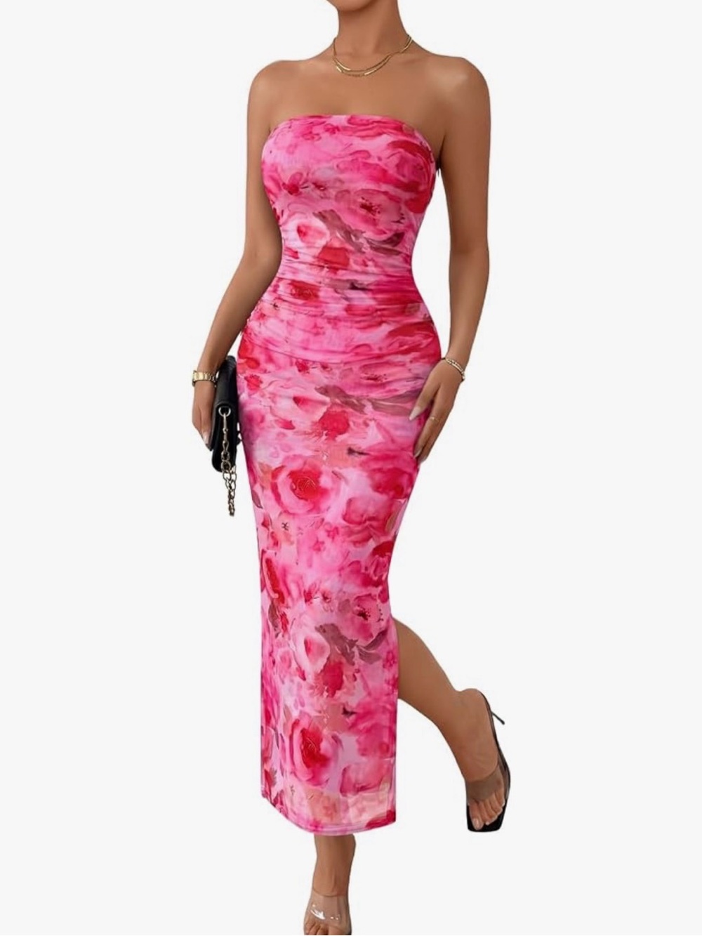 Strapless Pink Floral Bodycon Maxi Dress